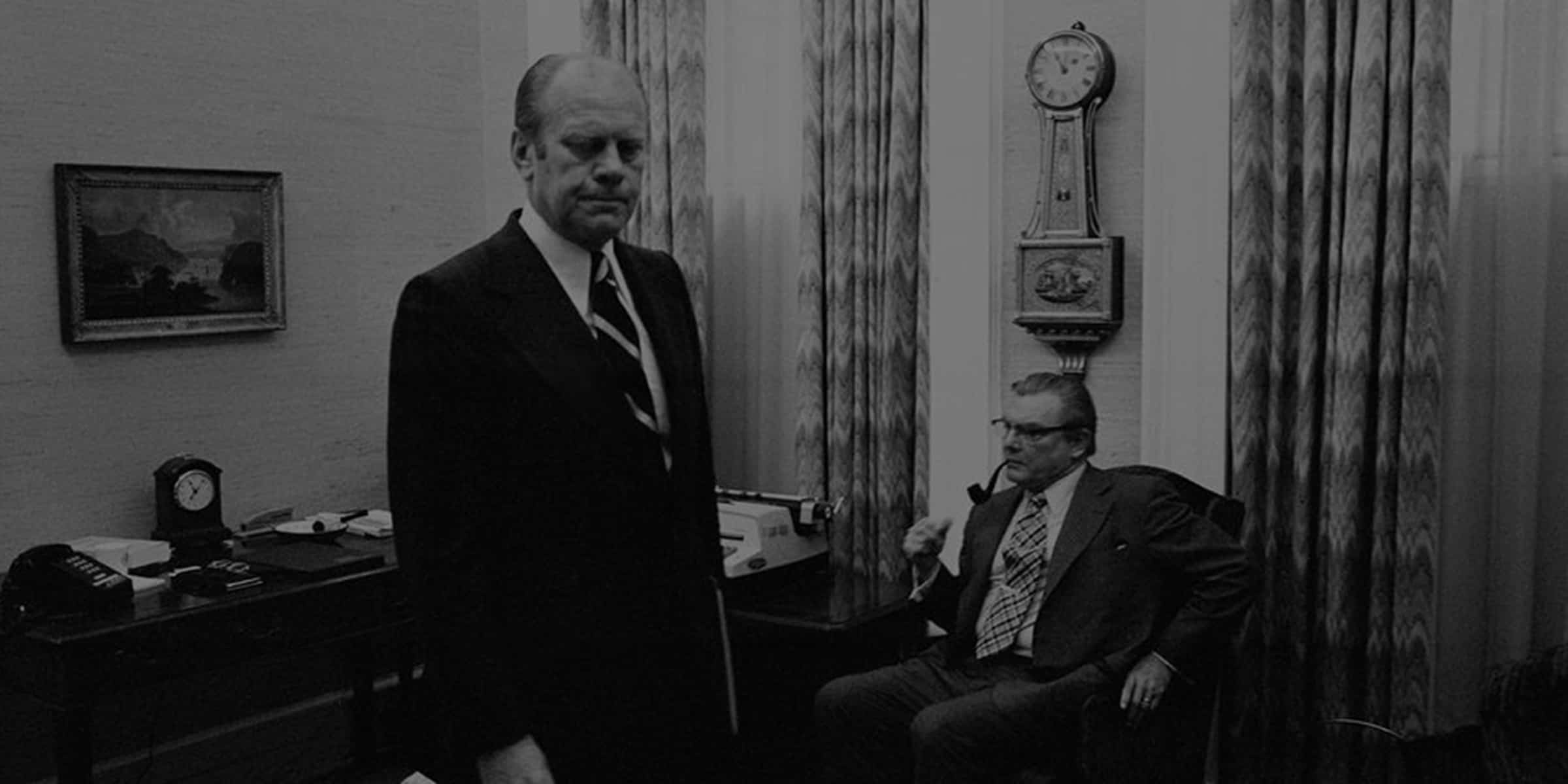 “You can’t pull a bandage off slowly” Ford said in defending his controversial pardon of Richard Nixon. Here, accompanied by presidential speechwriter Bob Hartmann, the look on Ford’s face says it all. It is moments away from his Sunday morning bombshell that led journalist Carl Bernstein to inform his Watergate partner, Bob Woodward,”The sonofabitch just pardoned the sonofabitch”.