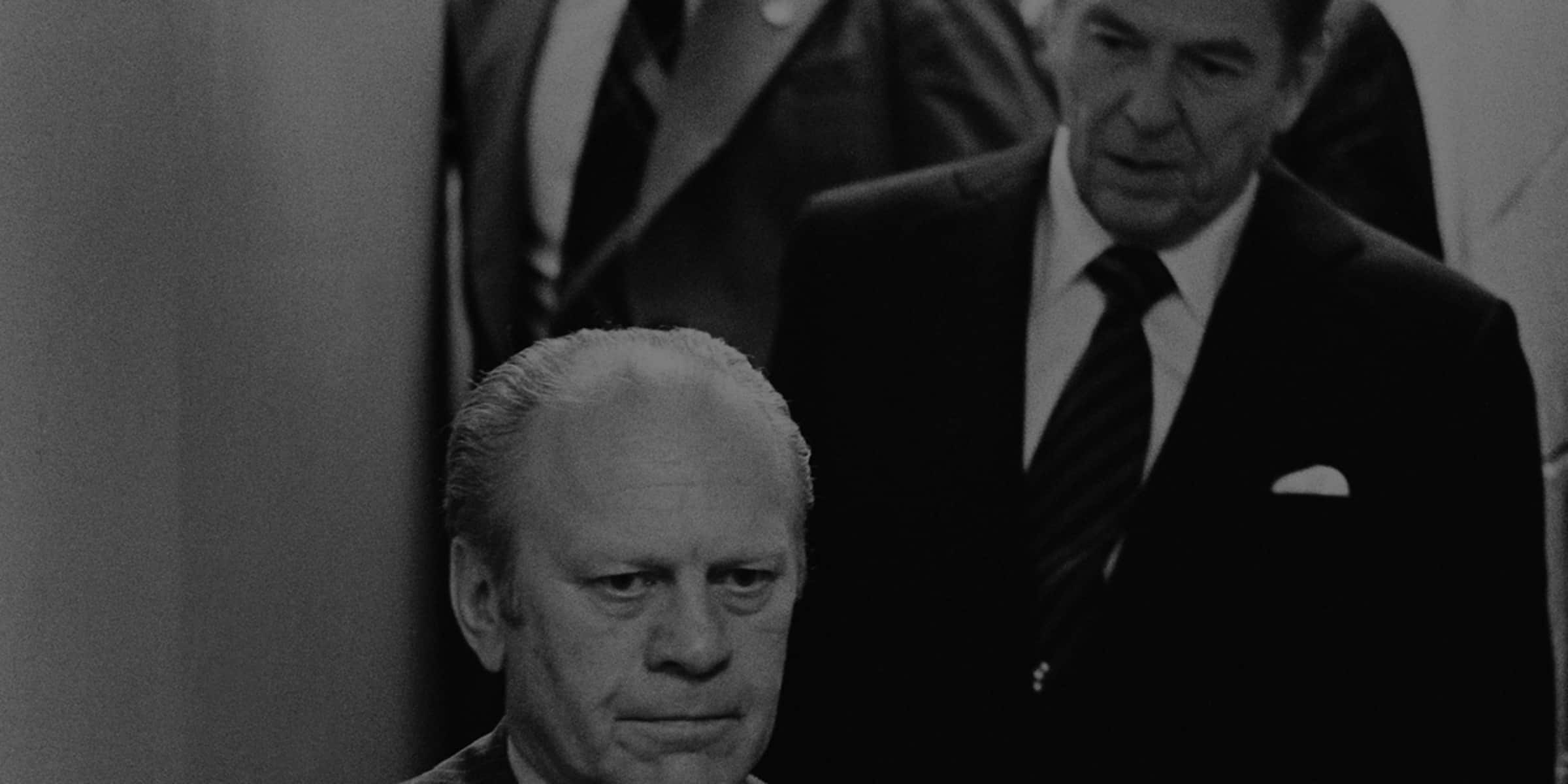 The facial expressions say it all…as Ford and his rival for Republican hearts, Ronald Reagan, emerge from a post-midnight “unity meeting” following Ford’s narrow first ballot victory over Reagan at their party’s Kansas City convention in August, 1976. Relations between the two men wouldn’t get much better between then and Election Day.